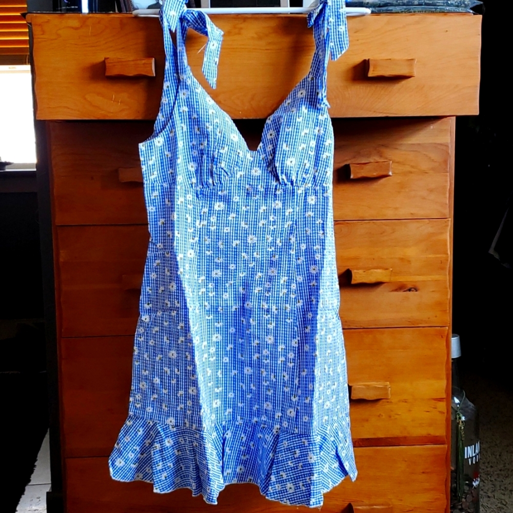 NWT SBetro: Ruffle Hem Tie-shoulder Dress, Blue/white gingham sparkle w/ daisies